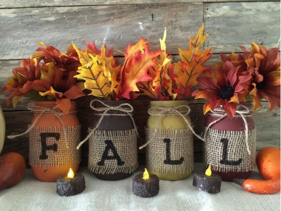 Fall leaves in mason jars.