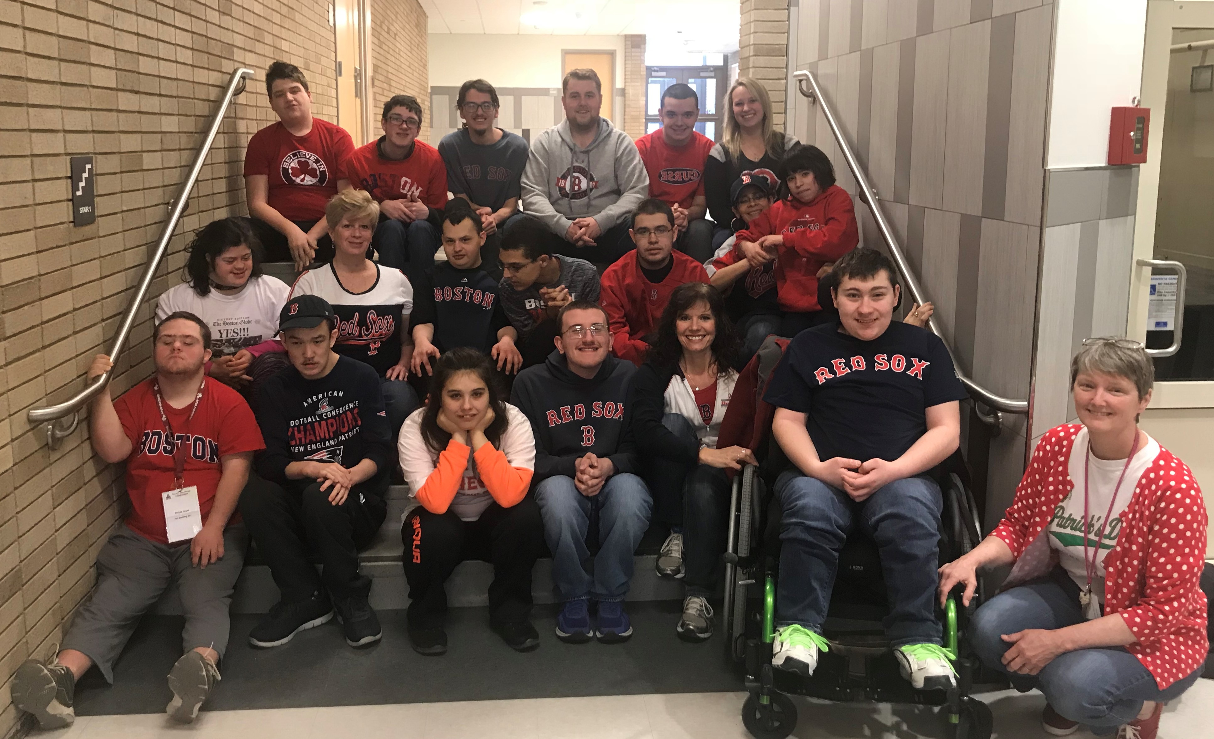 Students dressed in Red Sox's shirts for opening day.