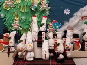 Socks made into snowmen.