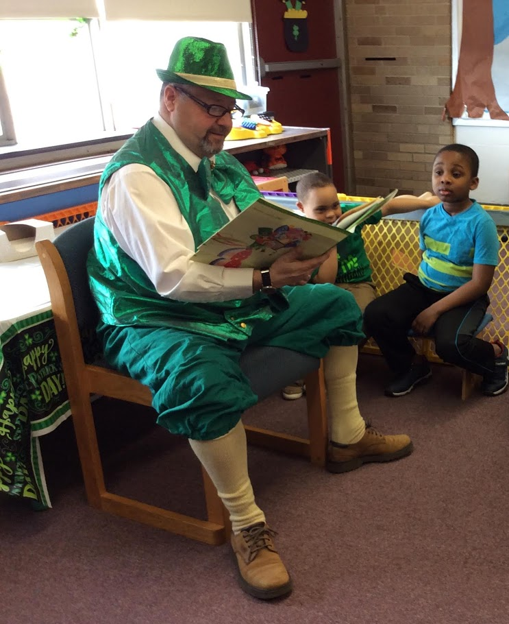 Leprechaun visit with students.